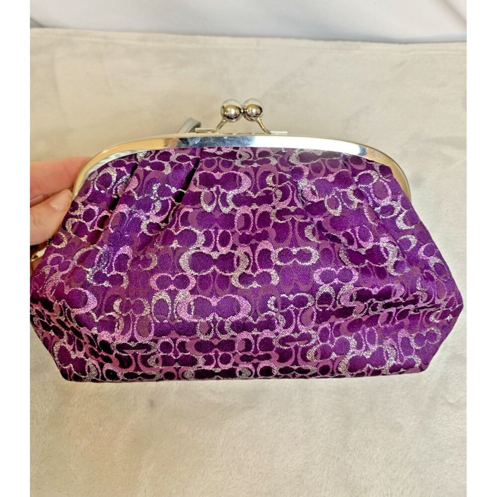 Coach Signature Optic Lurex Purple Silver Kisslock Large Clutch Wristlet Y2K - Picture 2 of 16